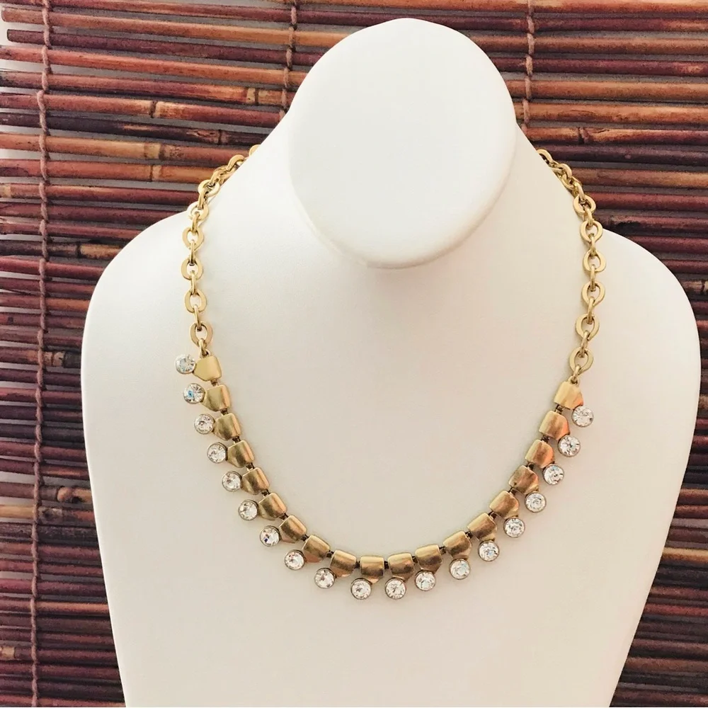 J. Crew Matte Gold Tone Rhinestone Statement Necklace 18” - 21.5”